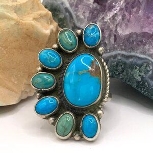 Adjustable Turquoise Sterling Half Cluster Ring Geraldine James Navajo Sz 7 J809